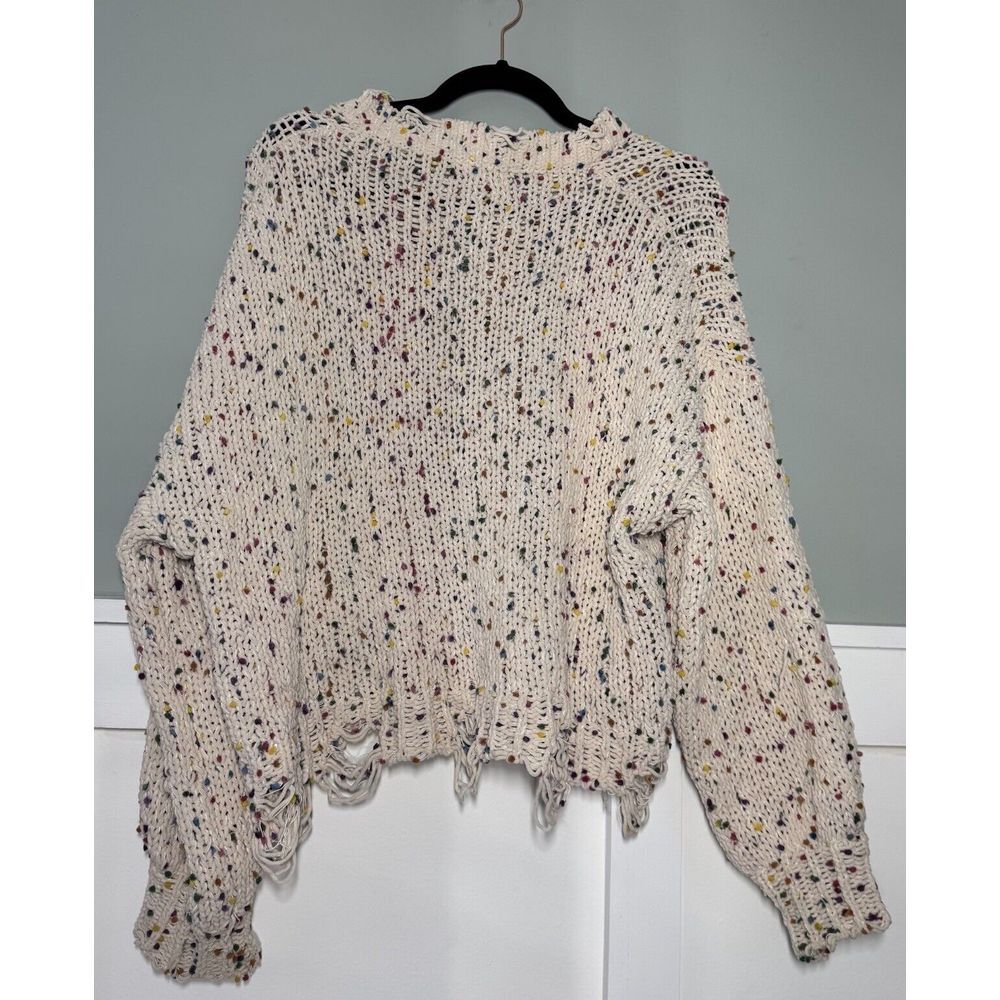 MAIN STRIP Sweater Women's  Sz‎ M Loose Knit Distressed Confetti Pom Pom